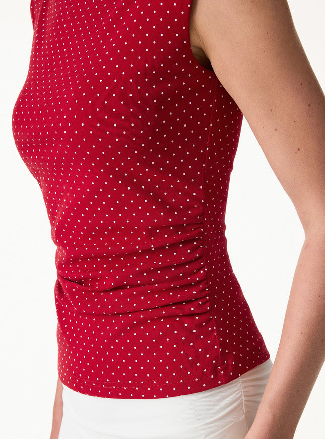 Stretch Cotton Polka Dot Boatneck Ruched Built-In Bra Top Limited Edition