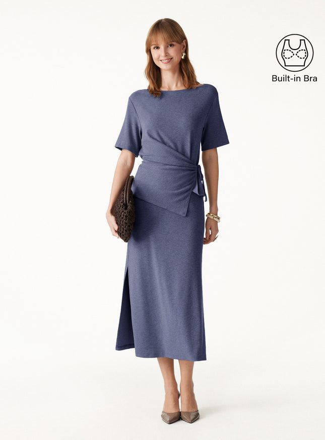 2Pcs Set Short Sleeve Tie-Side Top & Side-Slit A-Line Midi Skirt