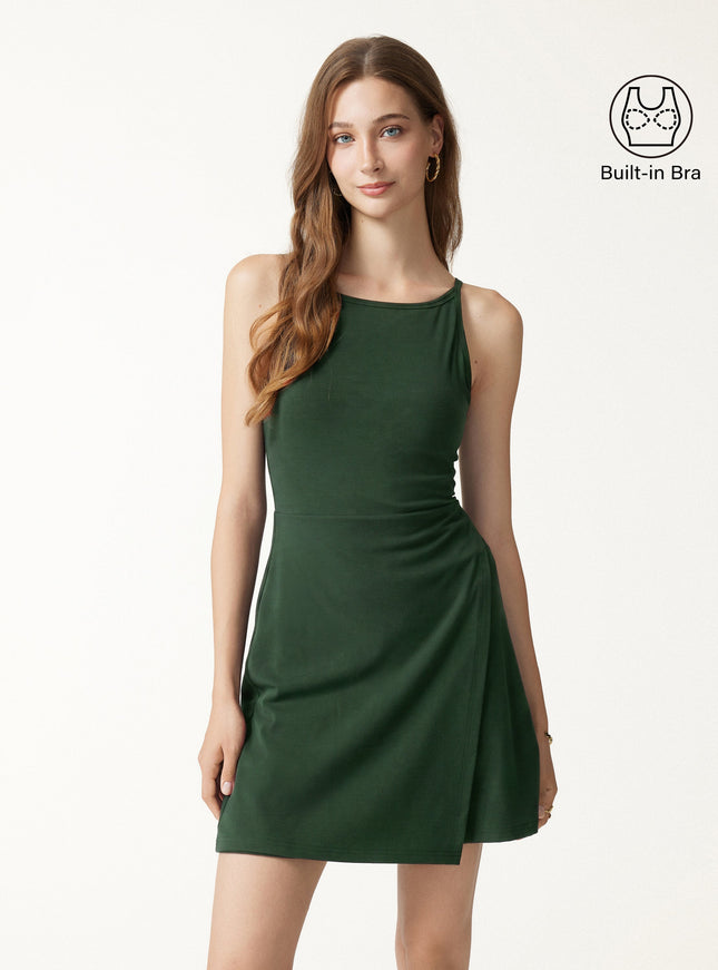 Viscose-Cotton Boatneck Sleeveless Wrap Mini Built-In Bra Dress