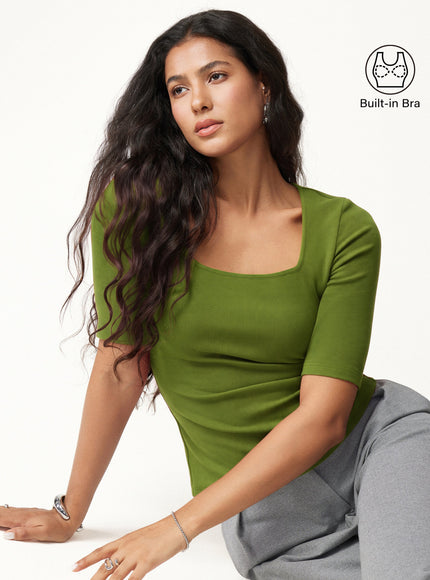Square Neck Elbow Sleeve Built-In Bra Top