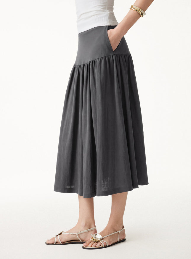 Cotton-Linen Gathered Midi Skirt with Pockets
