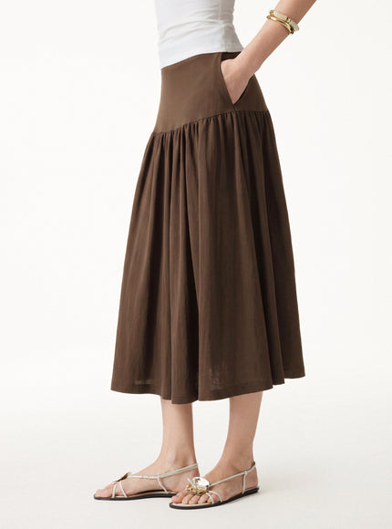 Cotton-Linen Gathered Midi Skirt with Pockets