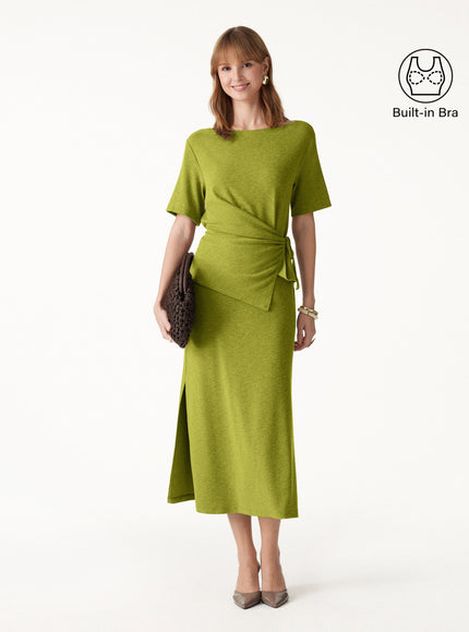 2Pcs Set Short Sleeve Tie-Side Top & Side-Slit A-Line Midi Skirt