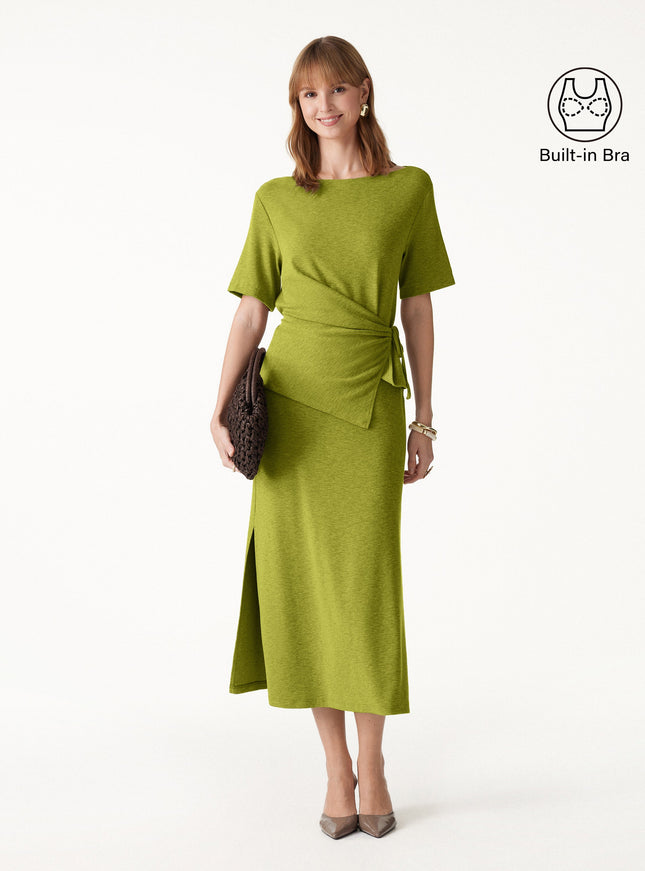 2Pcs Set Short Sleeve Tie-Side Top & Side-Slit A-Line Midi Skirt