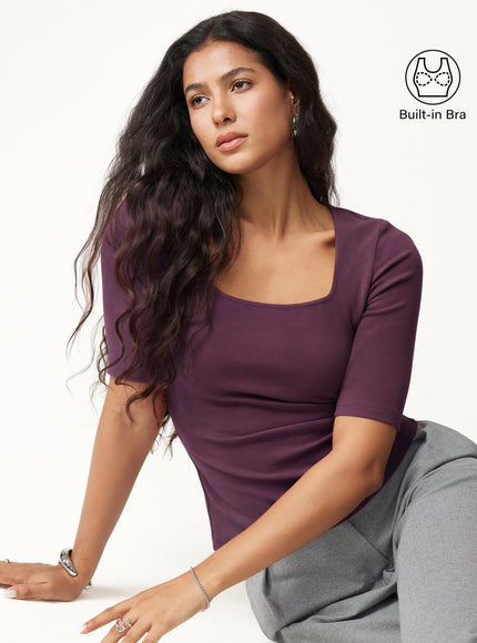 Square Neck Elbow Sleeve Built-In Bra Top