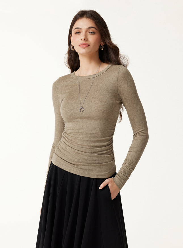 Lyocell-Wool Round Neck Long Sleeve Ruched Top