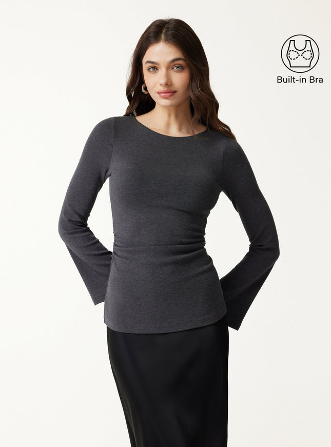 Round Neck Bell Sleeve Ruched Built-In Bra Top