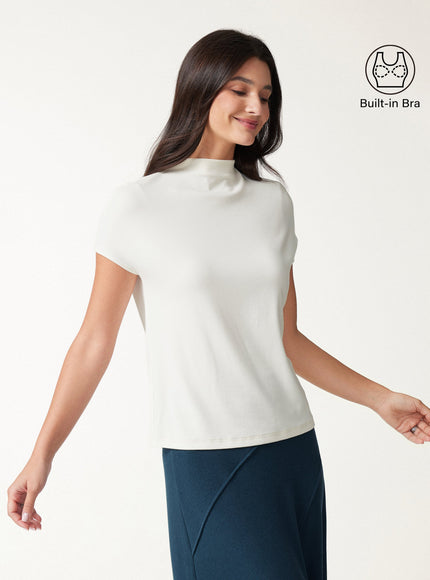 Mock Neck Short Sleeve Built-In Bra Top