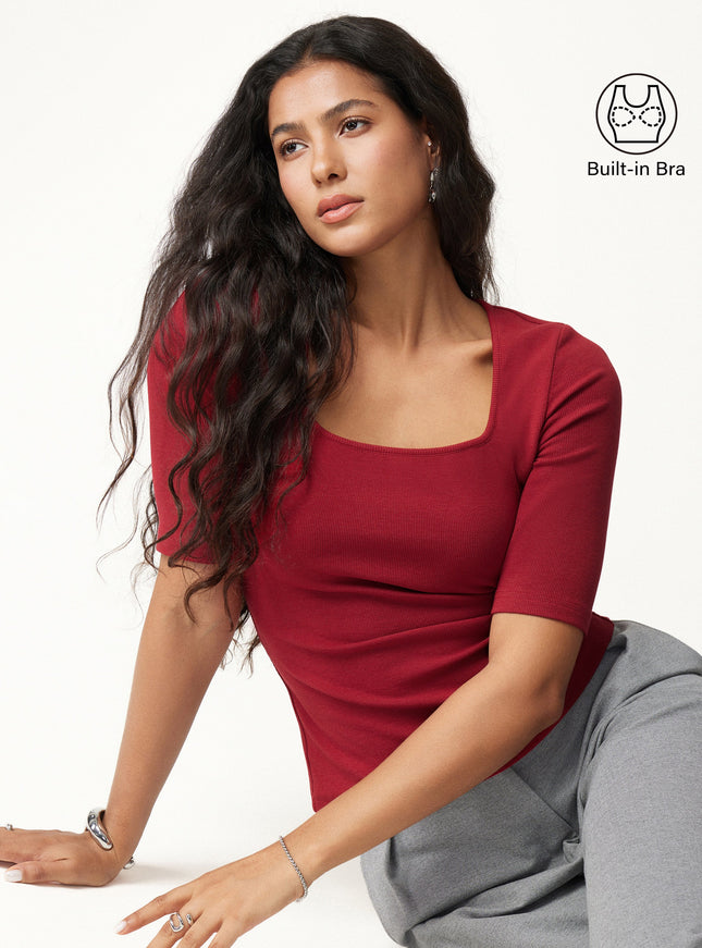 Square Neck Elbow Sleeve Built-In Bra Top