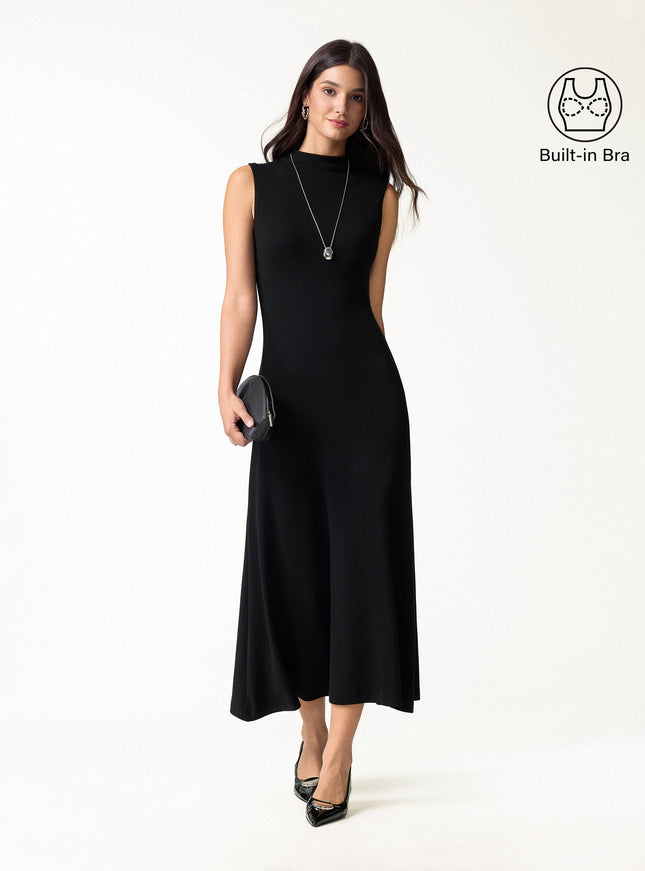 Mock Neck Sleeveless A-Line Midi Built-In Bra Dress