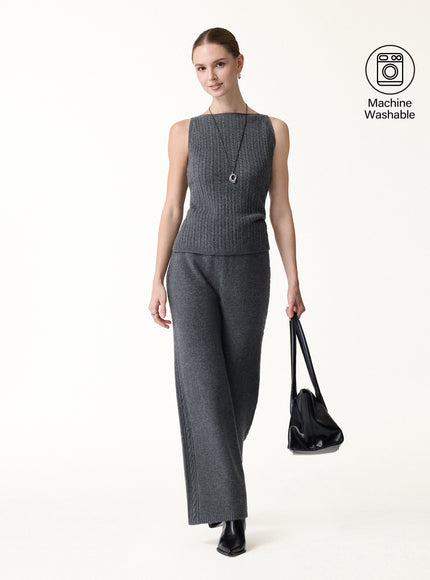 2Pcs Set Sleeveless Cable-Knit Sweater Tank & Drawstring Wide-Leg Knit Pants