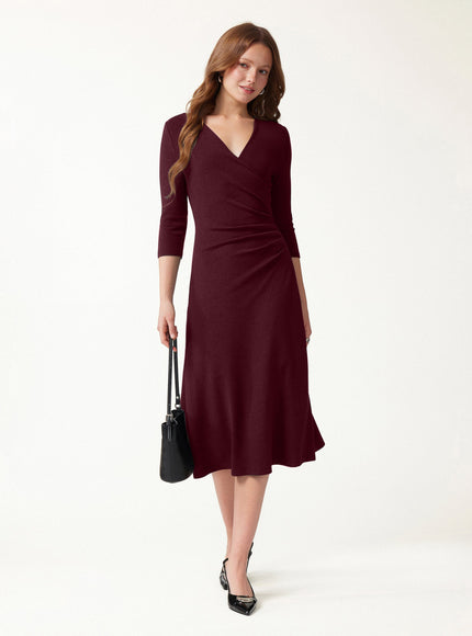Surplice 3/4 Sleeve Side-Tuck Midi Dress