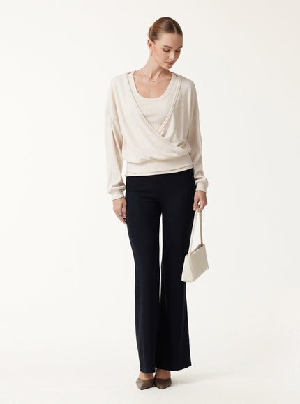 MaxWarm Wide Ribbed Crossover Long Sleeve Banded Hem Top