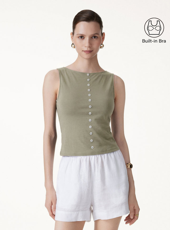 Cotton-Linen Boatneck Cropped Built-In Bra Top