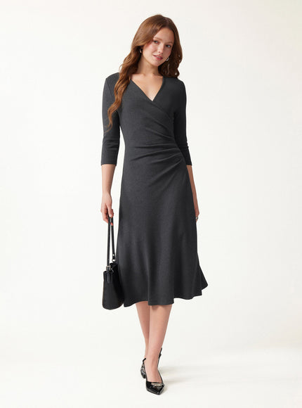 Surplice 3/4 Sleeve Side-Tuck Midi Dress