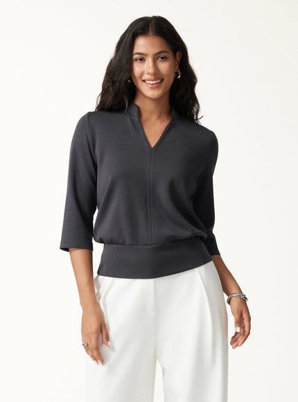 Lyocell Spacer Knit V-Neck Elbow Sleeve Banded Top