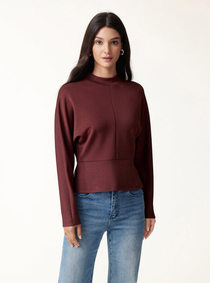 Modal Spacer Knit Mock Neck Batwing Sleeve Banded Hem Top