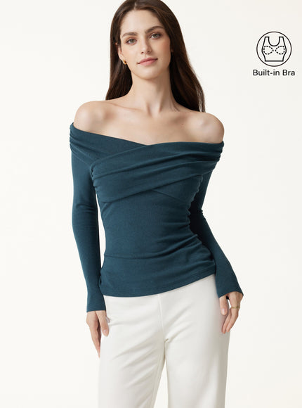 Surplice Long Sleeve Ruched Built-In Bra Top