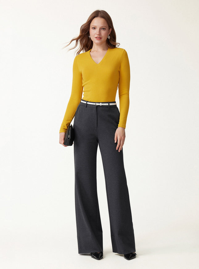Ponte Mid-Rise Wide-Leg Pants with Pockets - Heather Black Grey