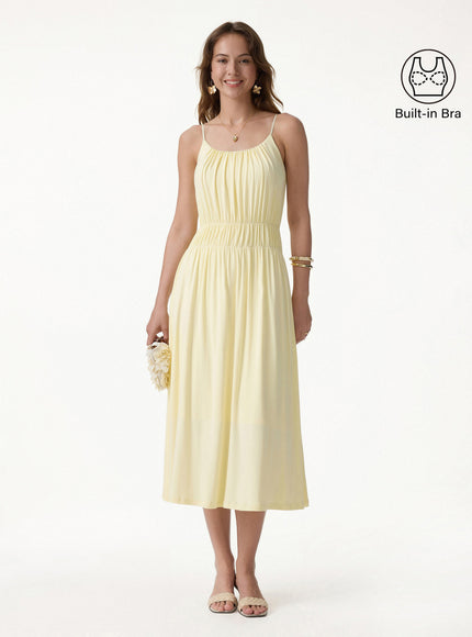 Vacay Gathered U-Neck Spaghetti Midi Built-In Bra Dress with Pockets