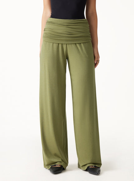 2Pcs Set Boatneck Built-In Bra & Drapey Wide Leg Pull-on Pants with Pockets