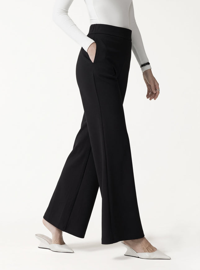 Ponte High-Rise Wide-Leg Pants with Pockets - Pure Black