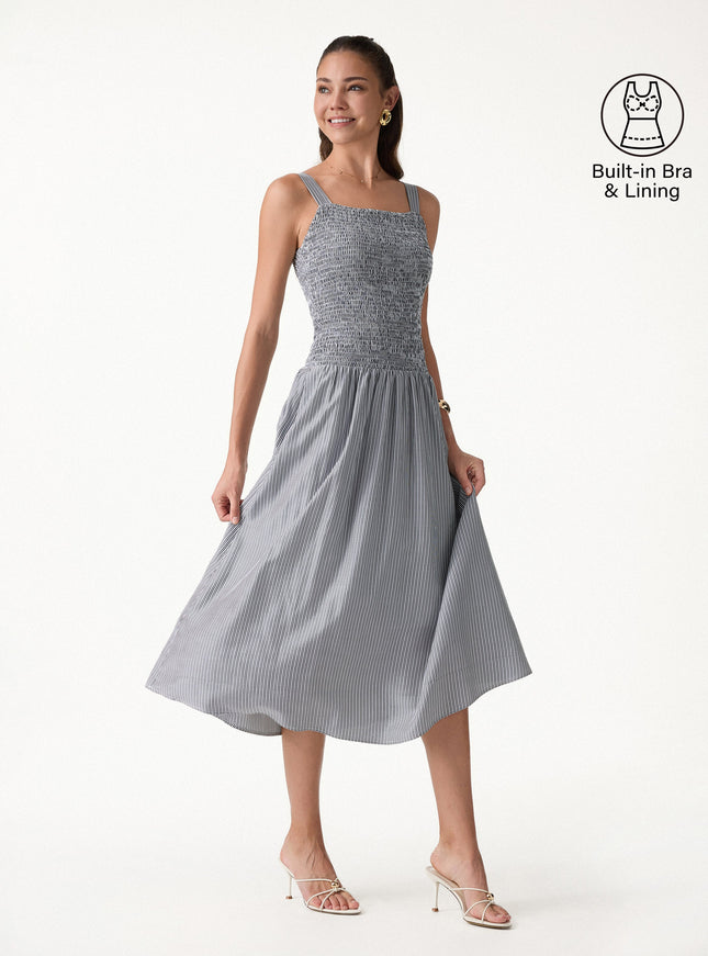 Striped Poplin Square Neck Smocked Midi Built-In Bra Dress