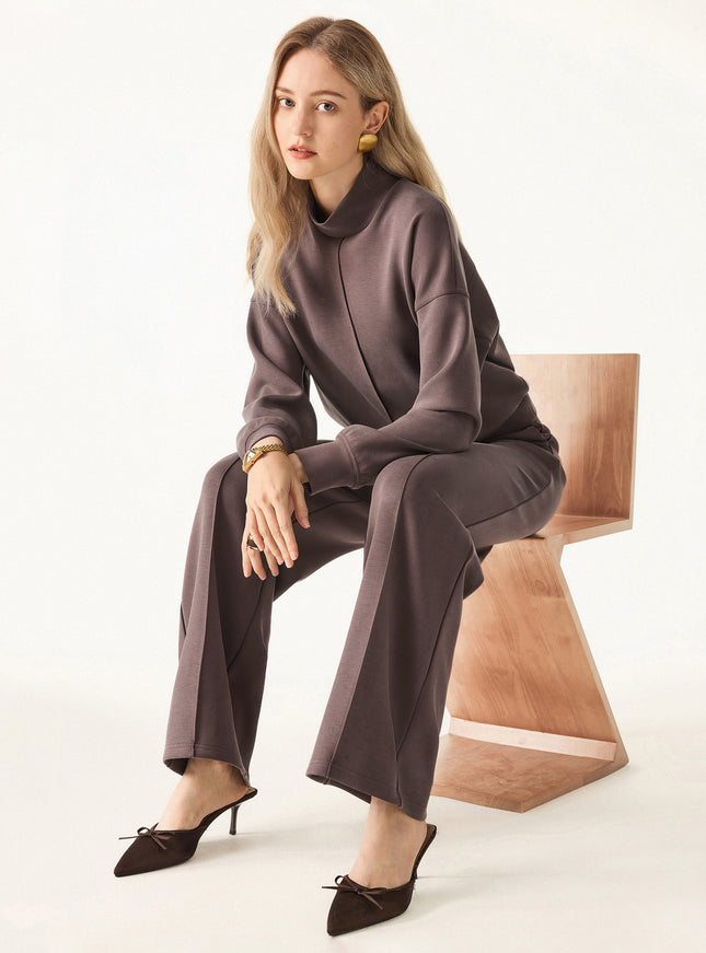 2Pcs Set Mockneck Pullover Shirt & Mid Rise Straight Leg Pants with Pockets