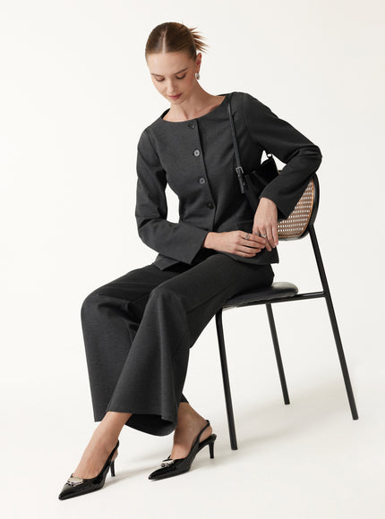 2Pcs Set Neck Long Sleeve Jacket with Pockets & Mid-Rise Wide-Leg Pants with Pockets