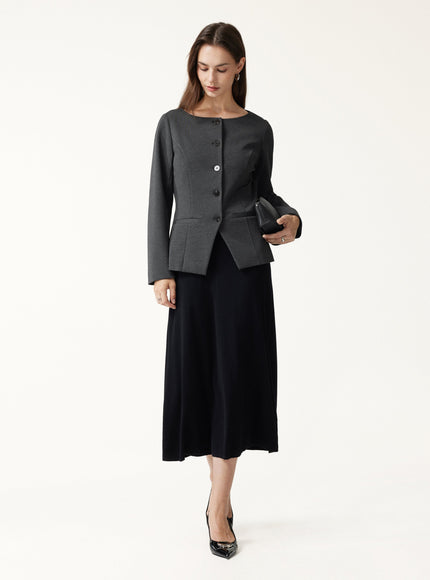 Ponte Office Round Neck Long Sleeve Jacket with Pockets