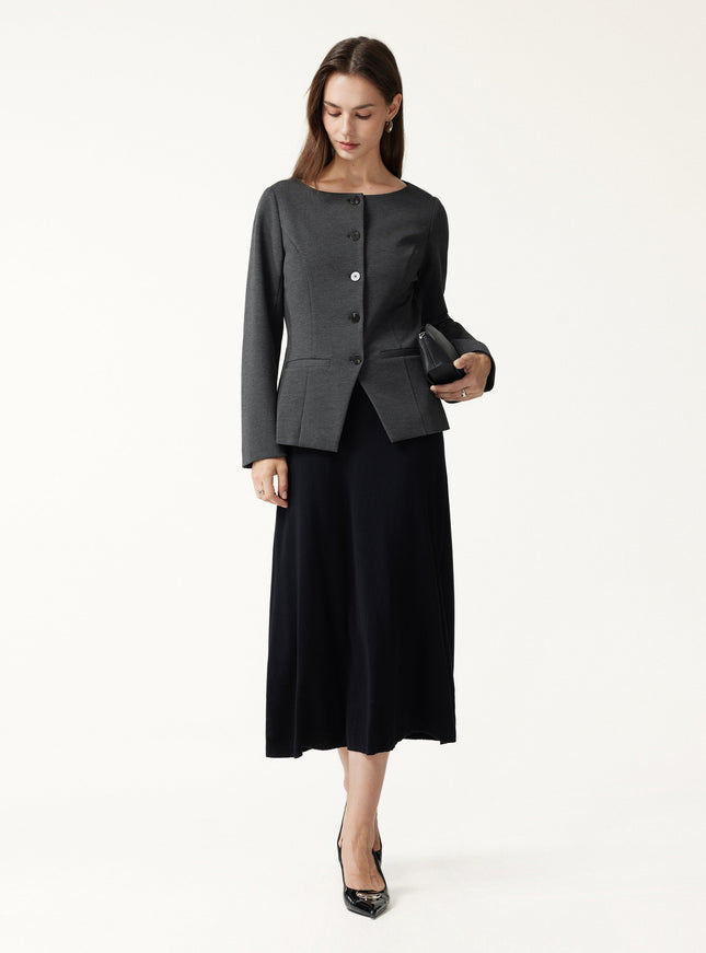 Ponte Office Round Neck Long Sleeve Jacket with Pockets