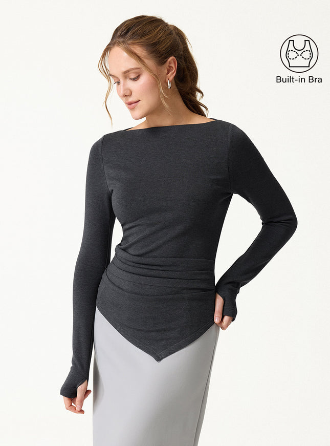 Boatneck Side Tucks Asymmetrical Built-In Bra Top