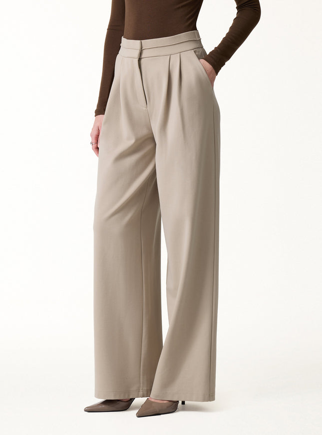 Ponte Mid-Rise Wide-Leg Tuck Pants with Pockets