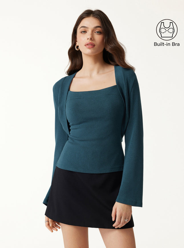 2-Piece Top Set Square Neck Spaghetti Strap Bell Sleeve Built-In Bra Cami