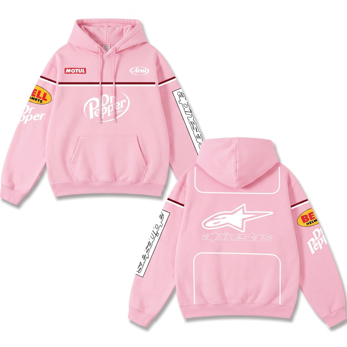 Retro Dr Pepper Alpinestars Racing Hoodie Pink Acid Washed, Motul Arai Bell Helmets Superbike E – Pink