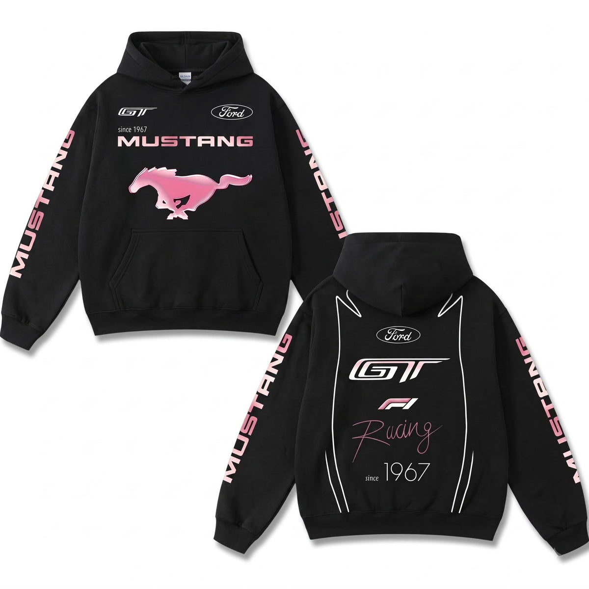 Retro Pink Ford Mustang GT Racing Hoodie Black Acid Washed, Since 1967 Muscle Car Horse Graphic – Black