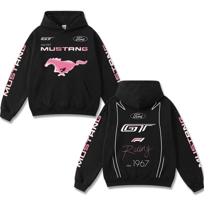 Retro Pink Ford Mustang GT Racing Hoodie Black Acid Washed, Since 1967 Muscle Car Horse Graphic – Black