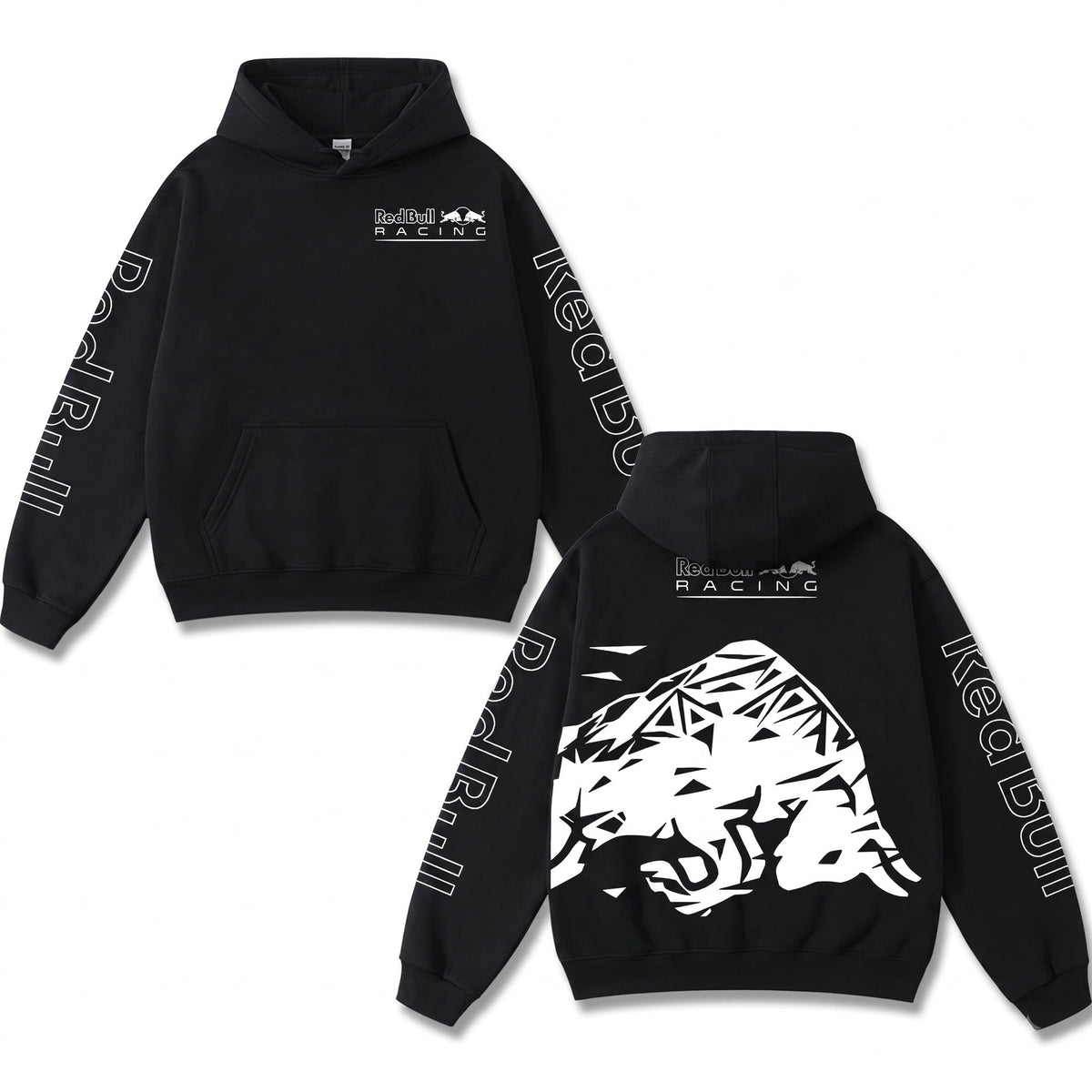 Retro Geometric Red Bull Racing Hoodie Black Acid Washed, Formula F1 Origami Bull Graphic, Moto – Black
