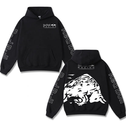 Retro Geometric Red Bull Racing Hoodie Black Acid Washed, Formula F1 Origami Bull Graphic, Moto – Black