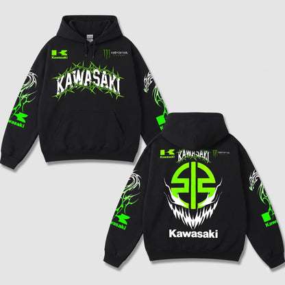 Retro Kawasaki Racing Monster Energy Hoodie Black Acid Washed, Cyber Gothic Thorns Dragon Super – Black