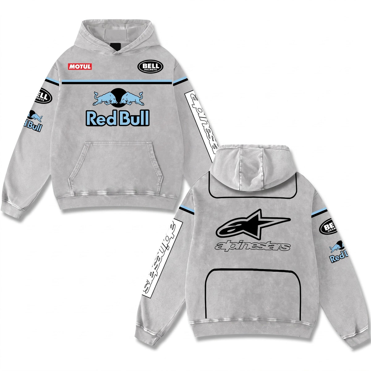 Retro The Blue Red Bull x Alpinestars Racing Hoodie Grey Acid Washed, Motul Bell Helmets Grand  – Gray