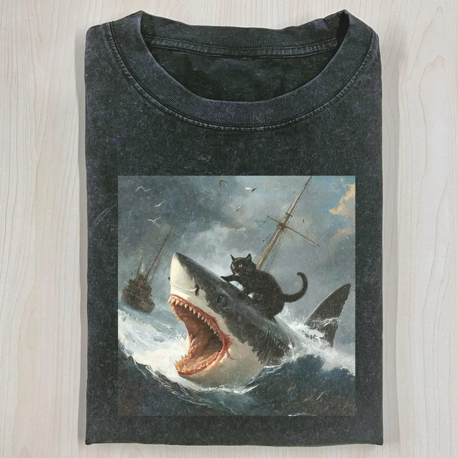 AQCHIC FAT CAT VS. SHARK Unisex Graphic Heavyweight Cotton Shirt