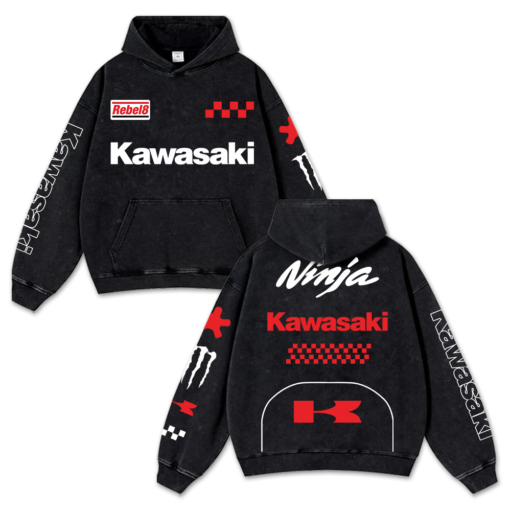 Retro Red Kawasaki Ninja Racing Washed Hoodie MotoGP World Champion Enthusiast Apparel Streetwear Racing  – image 1