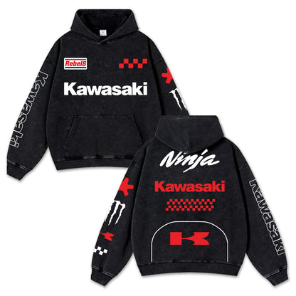Retro Red Kawasaki Ninja Racing Washed Hoodie MotoGP World Champion Enthusiast Apparel Streetwear Racing  – image 1