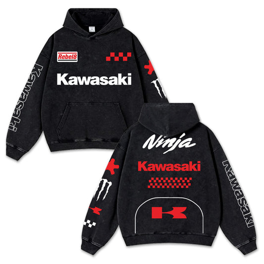 Retro Red Kawasaki Ninja Racing Washed Hoodie MotoGP World Champion Enthusiast Apparel Streetwear Racing  – image 1