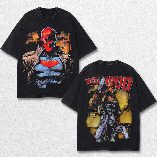 Red Hood Hero Comic Double Printed Oversize Lightweight Acid Washed Tee, Character Marrvel Comics TV Seri – image 1