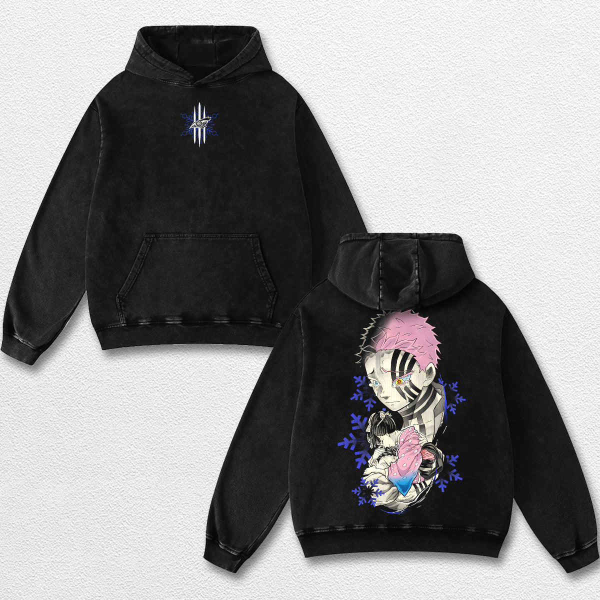 Retro Akaza and Koyuki - Demon Slayer Oversize Lightweight Acid Washed Hoodie Sweatshirt Tee, Anime Graph – image 2