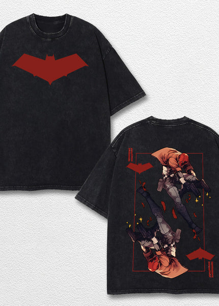 Red Hood Superhero DC Comic Double Printed Oversize Lightweight Acid Washed Tee, Character Comics TV Seri – image 1