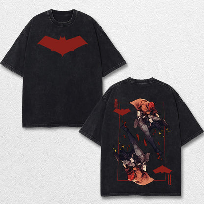 Red Hood Superhero DC Comic Double Printed Oversize Lightweight Acid Washed Tee, Character Comics TV Seri – image 1
