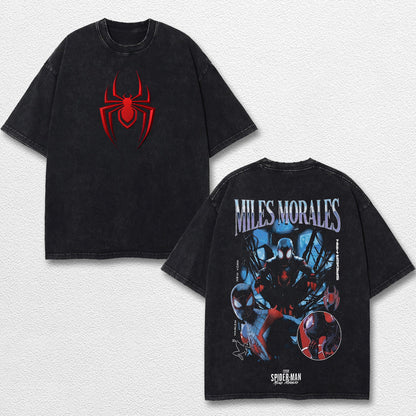 Miles Morales Spider-Verse Hero Comic Double Printed Oversize Lightweight Acid Washed Tee, Character Marr – image 1